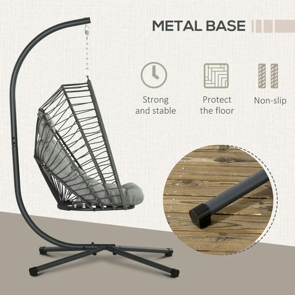Metal base stand for hanging egg swing chair with dark frame and light grey cushion