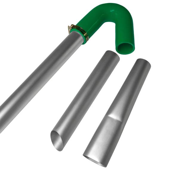 Green curved attachment and two silver vacuum poles for a 60L wet and dry vacuum, designed for gutter cleaning and debris removal