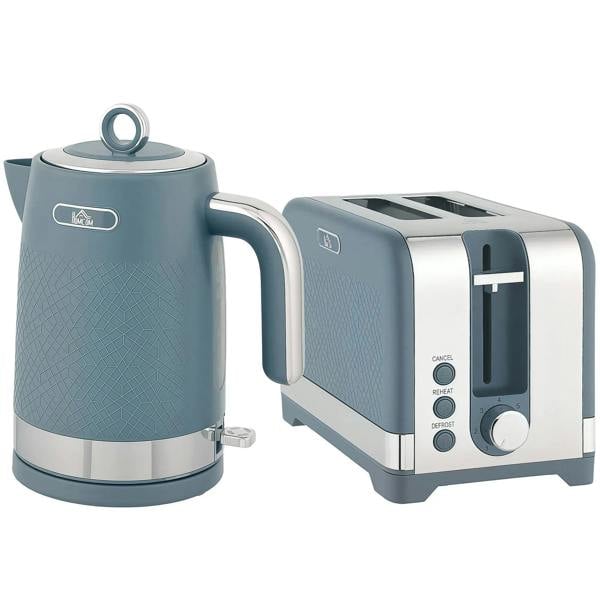 Blue textured electric kettle and 2-slice toaster set with stainless accents