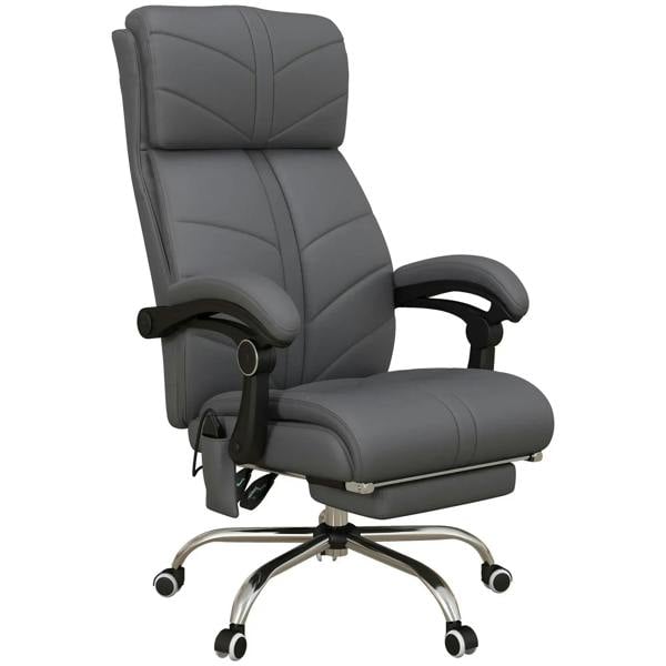 Grey high-back massage office chair with recline and footrest, PU leather look