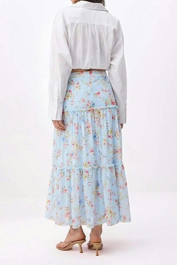 WOVCOR Tulle Floral Print Maxi Drape Detail Knitted Skirt