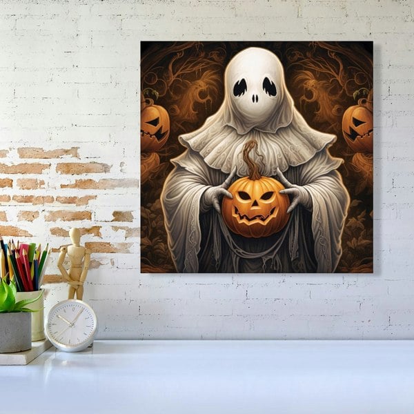 Warren Reed Spooky White Ghost Holding Pumpkin Canvas