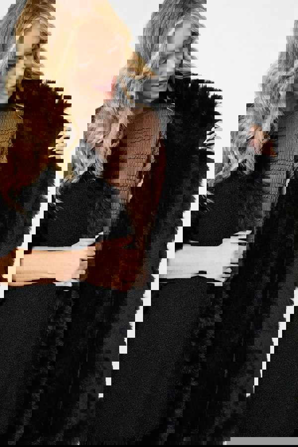 Black | Faux Fur Trim 3/4 Sleeve Poncho
