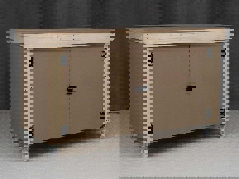 Arbor Garden Solutions Wooden MDF Top Workbench With Lockable Cupboard (V.9) double shelf and wheels