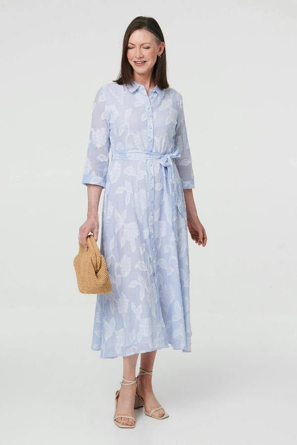 Blue | Floral Textured 3/4 Sleeve Midi Dress