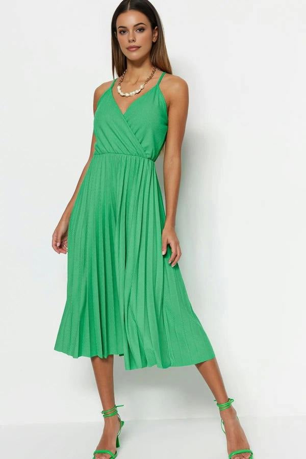 WOVCOR Printed Wrap V-Neck Adjustable Straps Pleated Midi Dress