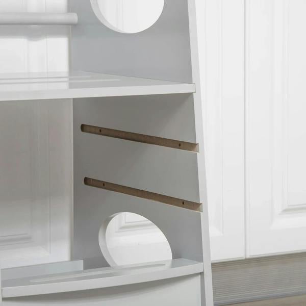 Kids step stool tower close-up of wooden support bars and open shelf, white