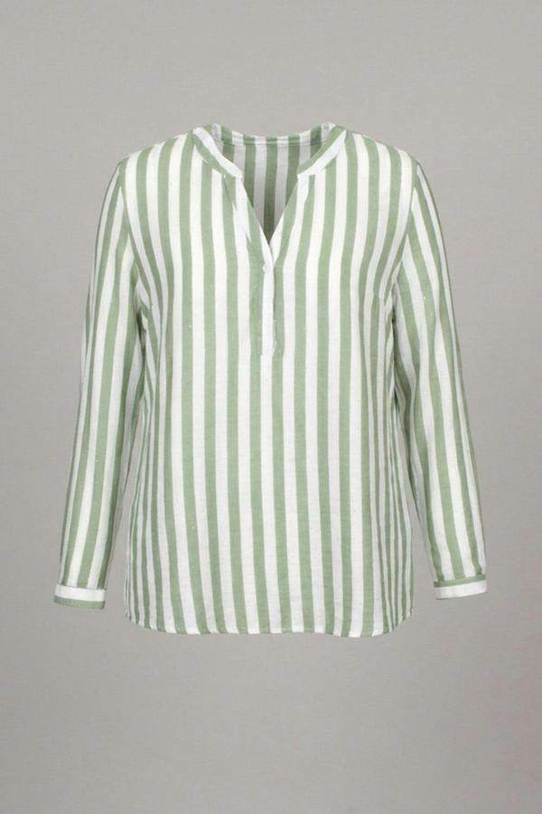 Green | Curve Striped Relaxed Long Sleeve Blouse