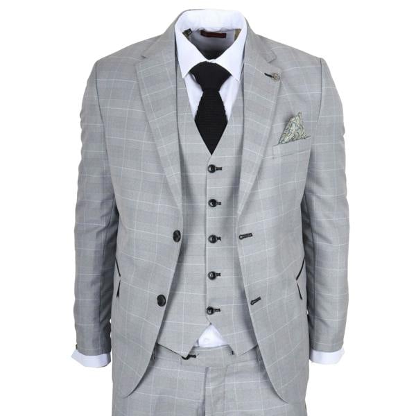 TruClothing IM53 - Men's Grey Check 3 Piece Tailored Fit Suit