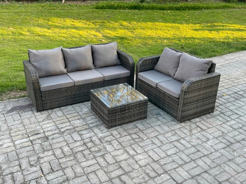 Fimous PE Rattan Garden Furniture Sets 5 Seater Outdoor Lounge Sofa Set Square Coffee Table