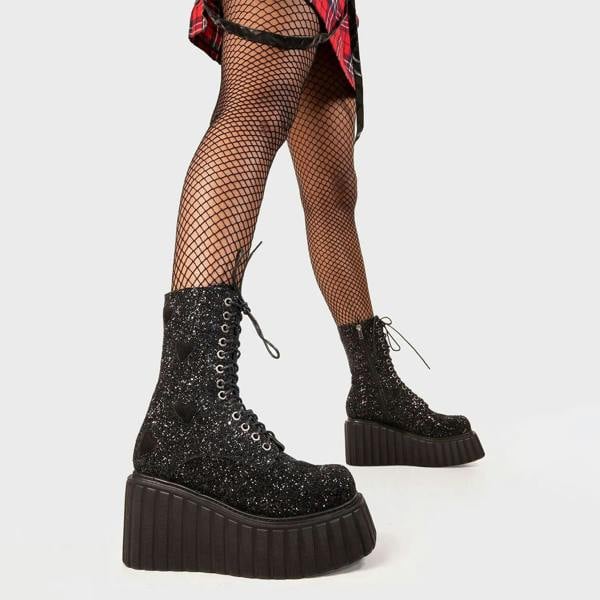 Lamoda Hand On Heart Black Glitter Chunky Ankle Creeper Boots Platform