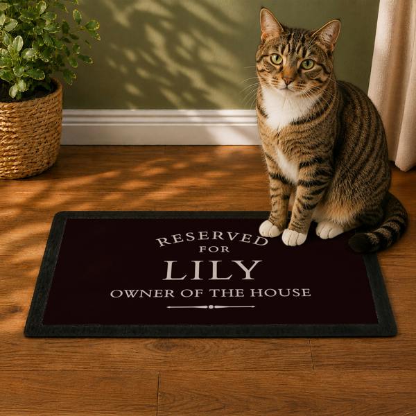 Personalised dark pet bowl mat reading RESERVED FOR LILY OWNER OF THE HOUSE, displayed on a wooden floor next to a tabby cat.