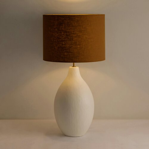 Wyld Haus Long Island Large Round White Bamboo Table Lamp with Ochre Shade