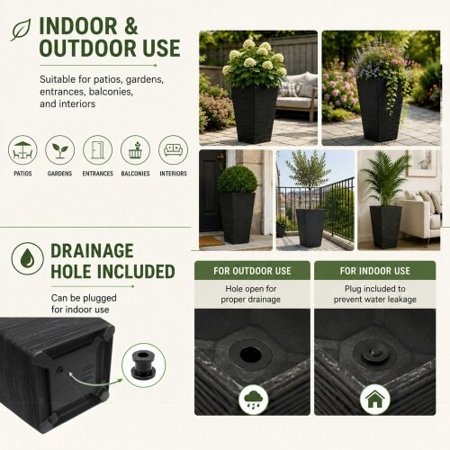 Nicoman Avondale Black Plaster Wood Recycled Rubber Tall Planter Pot