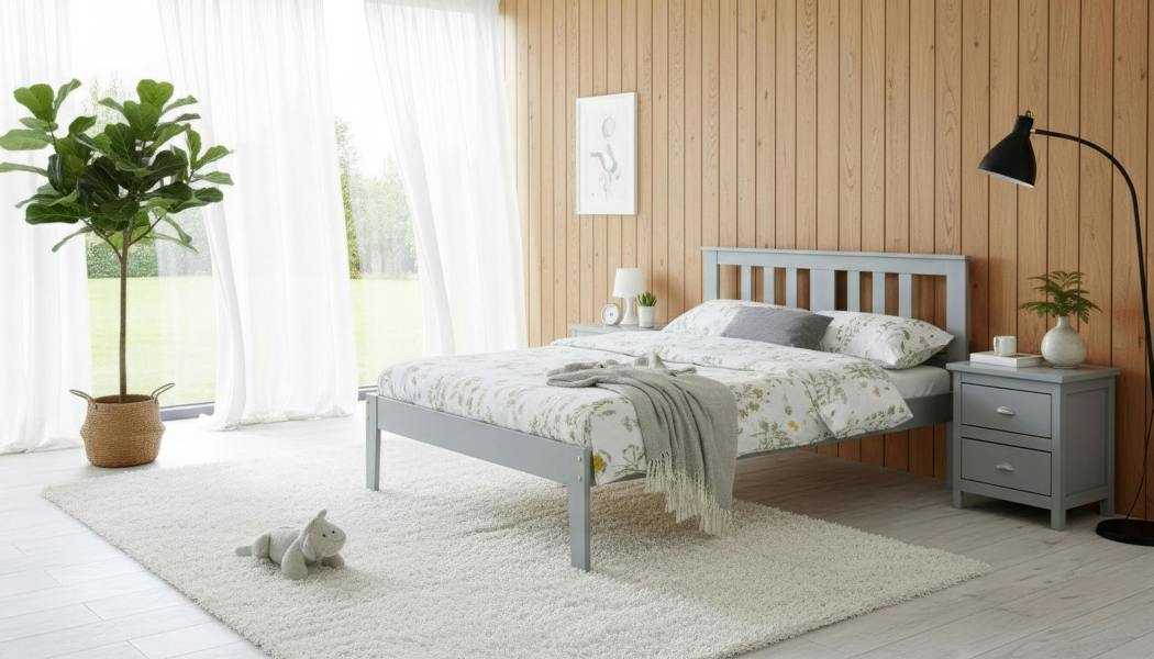 Mission TM Kingston Grey Pine Bed Frame Slatted Headboard Low Foot End 4 Sizes
