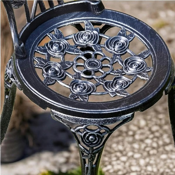 Rafaelo Mobilia Set of 3 Cast Iron Rose Floral Bistro Table And Chair Grey