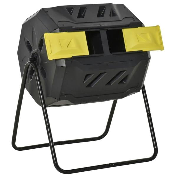 Yellow dual-chamber rotating composter, dark gray body, front doors and metal legs
