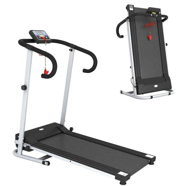 Folding treadmill with LCD console, grey running deck and side handrails, folded upright