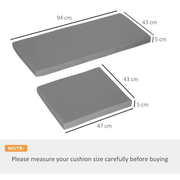 Dark grey outdoor seat cushion pads with single and double cushion size dimensions