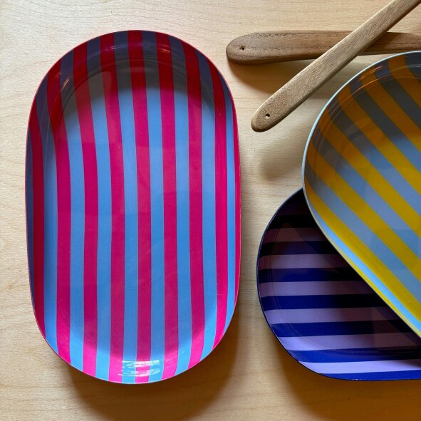 Love Frankie Small Stripy Oval Trays - 5 Colours Available - Small Oval Stripy Trayin Powder Blue and Hot Pink