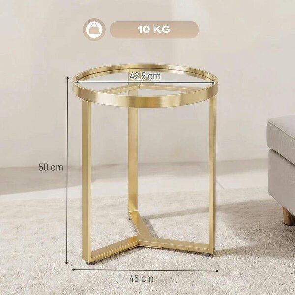Round Side Table with Tempered Glass Top and Geometric Metal Frame for Small Space, Gold Tone