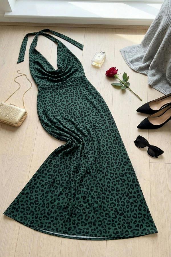 Fatima Printed Deep Cowl Neck Backless Maxi Dress - Leopard