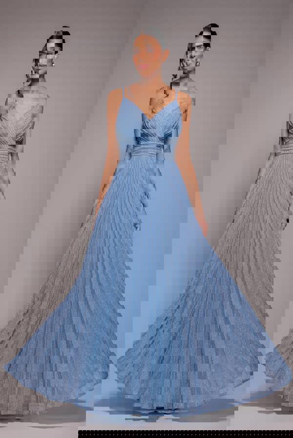 Sleeveless Pleated A Line Lurex Maxi Dress - Blue DR4494