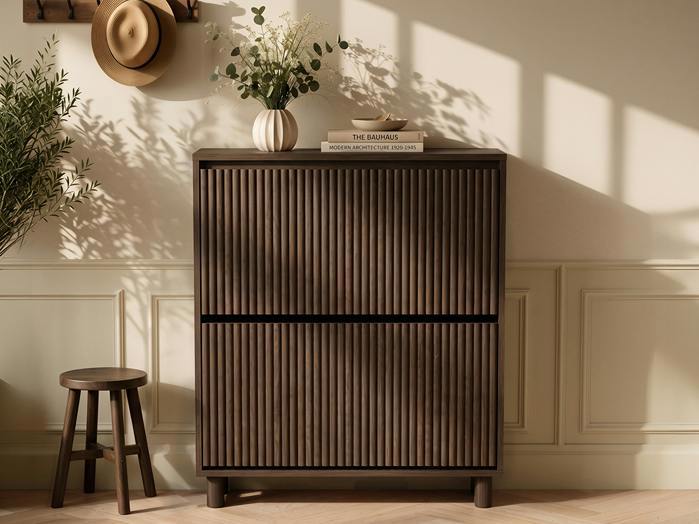 SOLACE+CO Velmor Slim Ribbed 2 Drawer Tilt Out Shoe Cabinet -Walnut