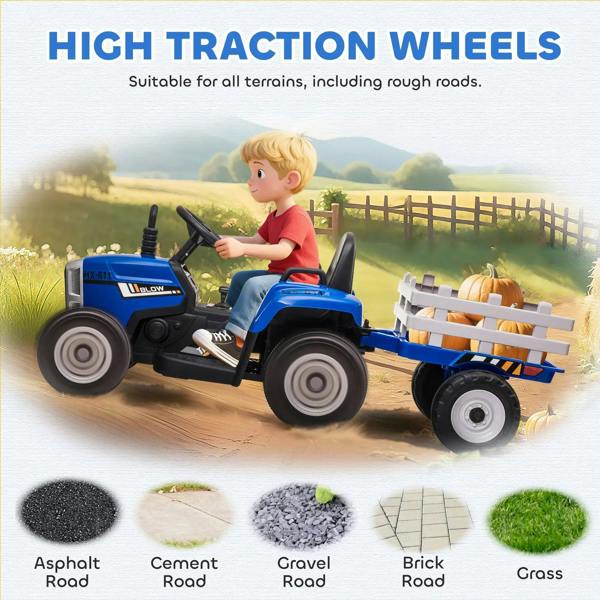 Blue ride-on tractor with large traction wheels and detachable trailer