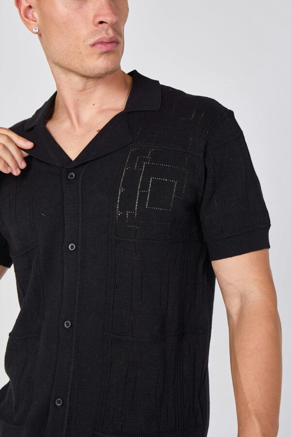 Men's Textured Knitted Button-Through Polo Shirt - Black