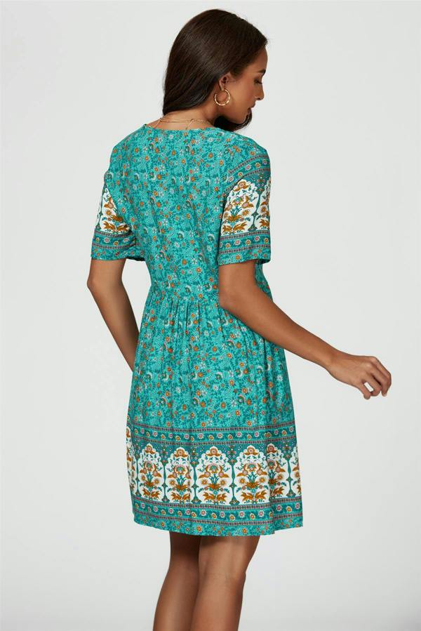 FS Collection Print Boho Mini Dress In Green