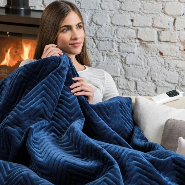 Dreamland Hurry Home Velvet Heated Throw Electric Blanket - Navy Blue Herringbone - 160cm x 120cm