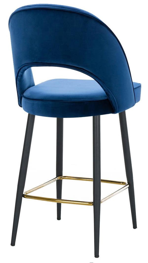 Lamboro Chelsea Velvet Bar Stool, Gold Footrest & Black Legs, Padded Seat – Blue