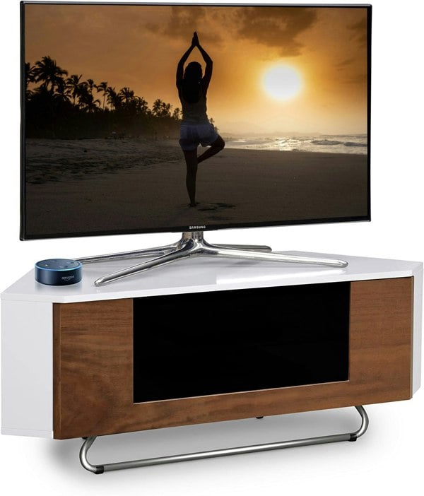 Centurion Supports Hampshire Corner-Friendly Gloss White with Walnut Contrast Beam-Thru Remote Friendly Door 26"-50" Flat Screen TV Cabinet
