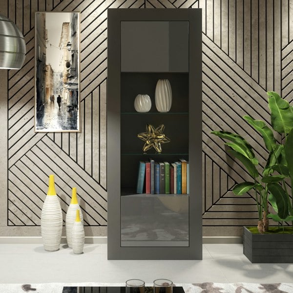 Mex Furniture Modern Display Cabinet 170cm – Grey Body & Grey Gloss Doors
