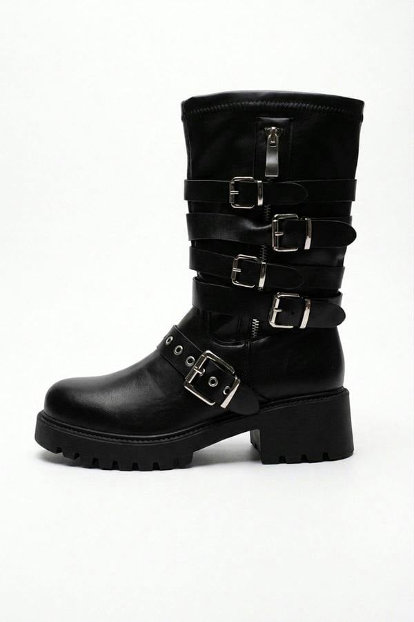ikrush Pearl Faux Leather Multi Buckle Biker Boots