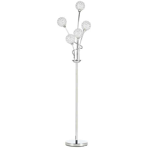Silver crystal floor lamp with five round crystal ball shades on a tall chrome stand