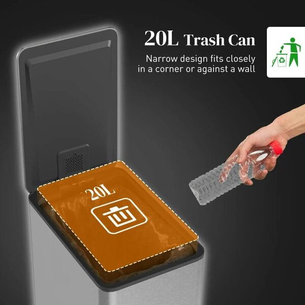 20L Kitchen Pedal Bin, Slim Stainless Steel Rubbish Bin, Removable Inner Bucket, Soft-Close and Stay-Open Lid, Silver Tone