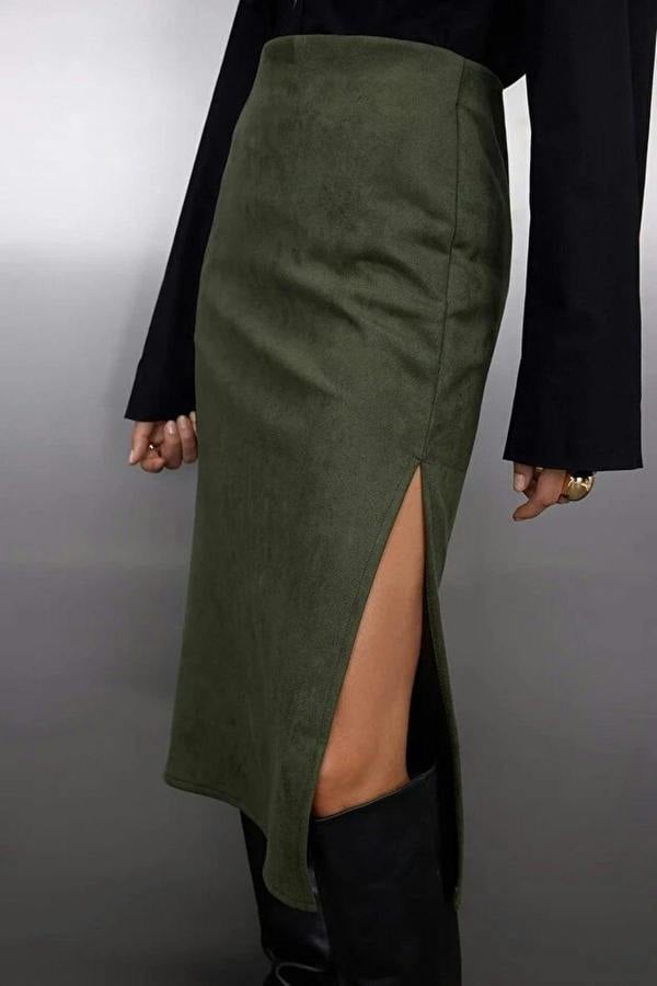 WOVCOR Suede Knit Midi Pencil Skirt with Slit
