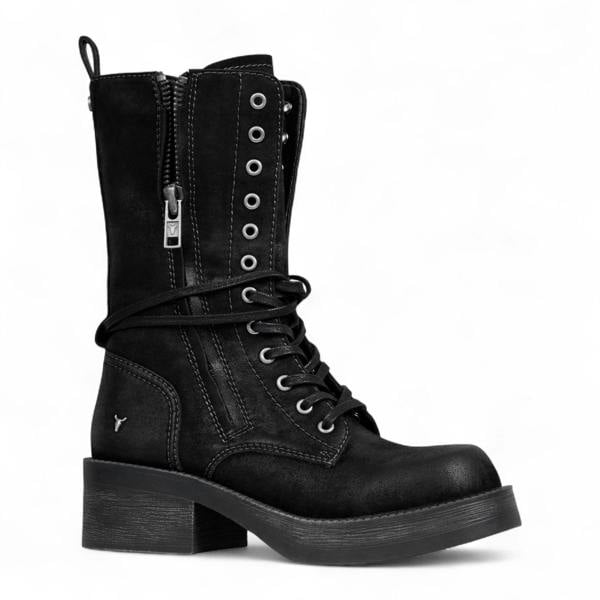 Windsorsmith Womens Black Suede Combat Boots Mid-Calf Lace-Up Biker Shoes - Gather