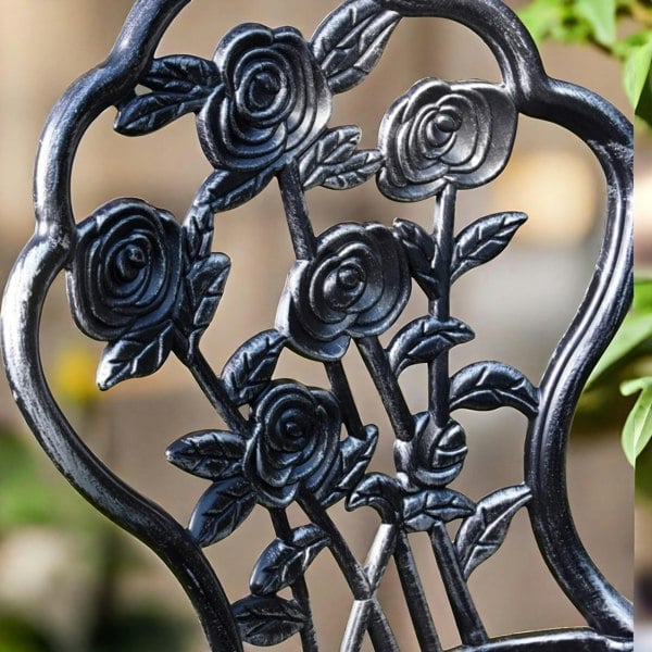 Rafaelo Mobilia Set of 3 Cast Iron Rose Floral Bistro Table And Chair Grey