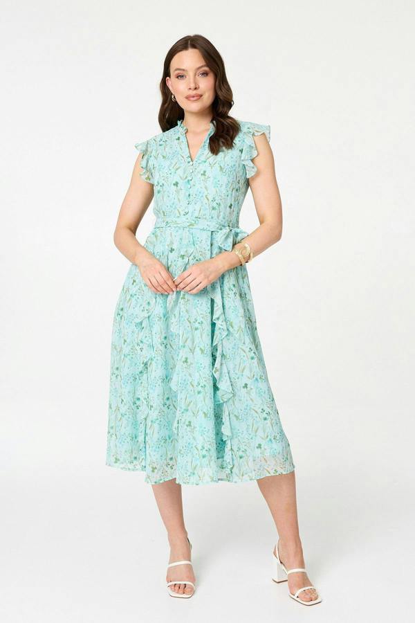 Green | Floral Tie Waist Frilled Midi Dress