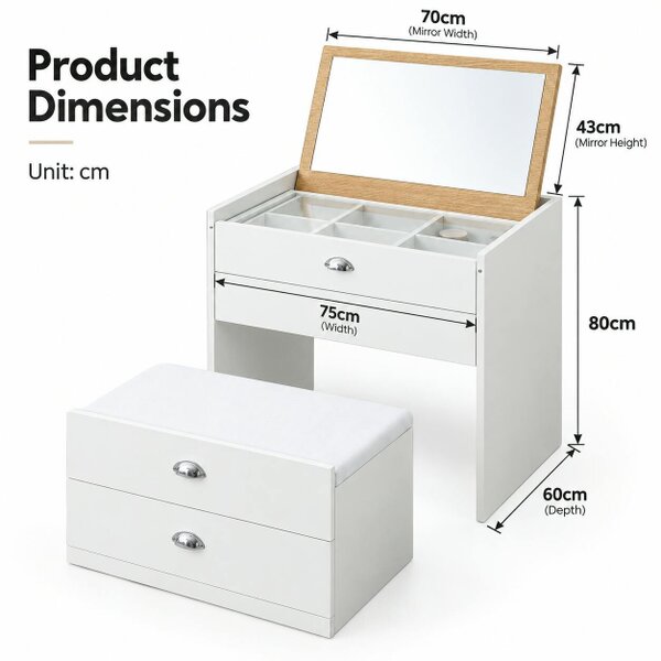 HOMEWEDO  Dressing Table with Mirror and Stool, White Vanity Table with Flip Top Mirror, W75 x D60 x H80 CM