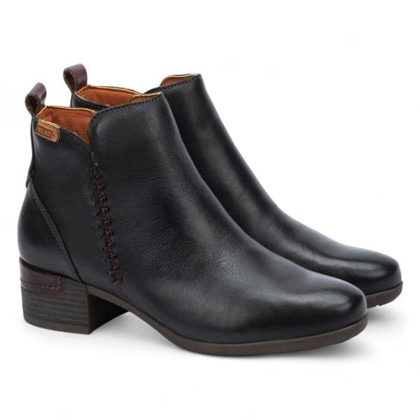 Pikolinos Women's Pikolinos Malaga Black Leather Ankle Bootie Zip Mid-Heel Everyday Boots