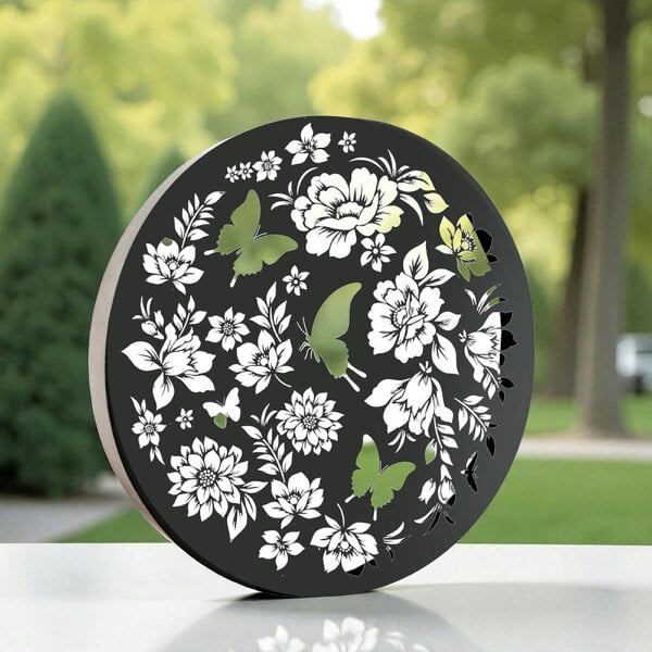 EDH Door Hardware Round Solar Wall Panel with Butterfly – Outdoor Metal Wall Art with Warm LED Light | Weatherproof Garden & Patio Décor (40cm)
