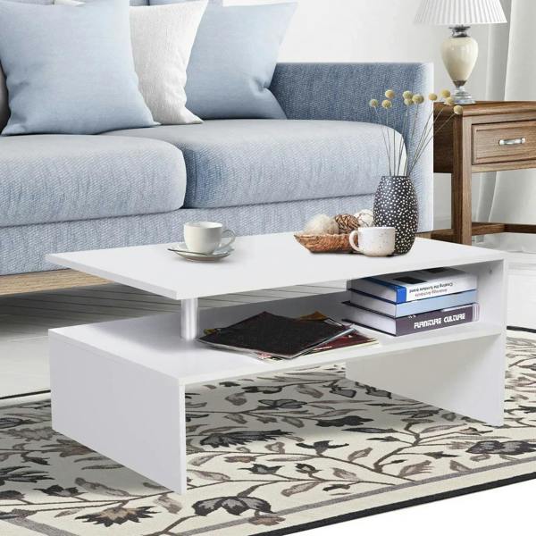 White 2-tier coffee table with open shelf holding books, aluminum legs