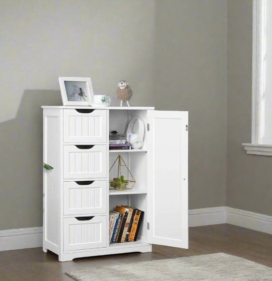 Modcraft Bathroom Floor Cabinet Wooden Freestanding Storage with 4 Drawers & 1 Door Adjustable Shelf – White