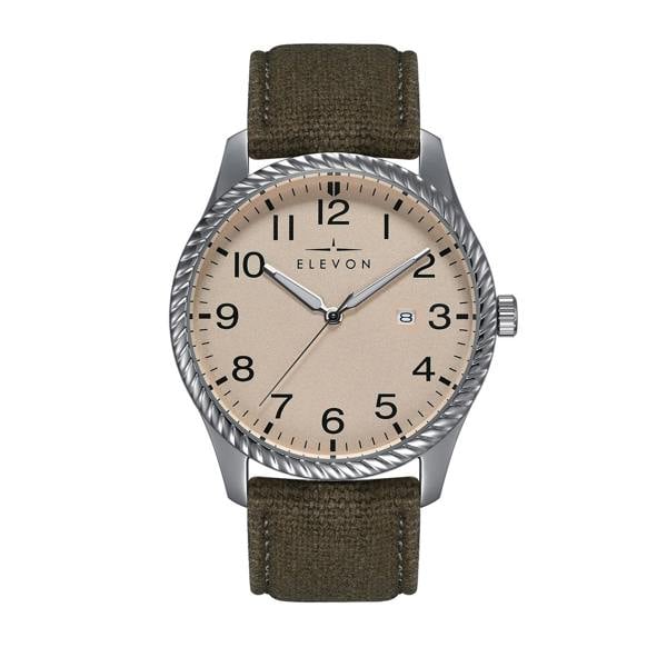 Elevon Crosswind Canvas-Overlaid Leather-Band Watch w/ Date - Tan/Olive - ELE128-5