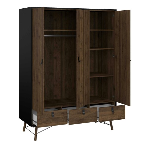 Wyld Haus Juno Black and Walnut Wood Wardrobe 3 Doors 3 Drawers