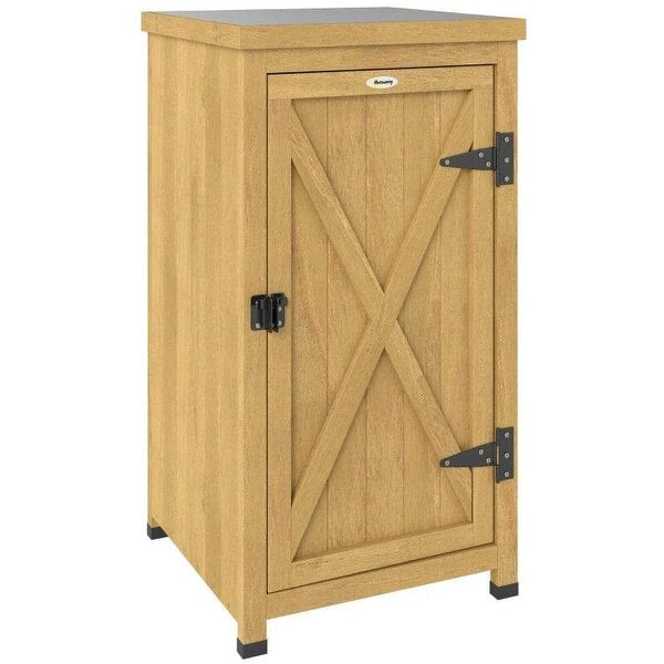 Wooden Garden Shed, Garden Tool Storage Shed with Metal Top and Shelf, Light Brown